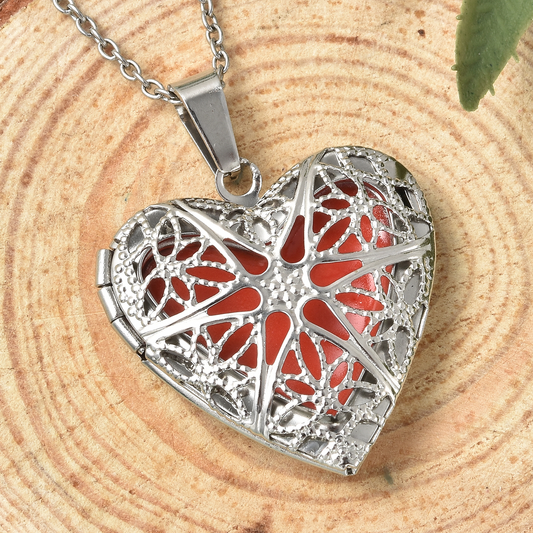 Red Resin Openable Heart Pendant Necklace 20 Inches in Stainless Steel