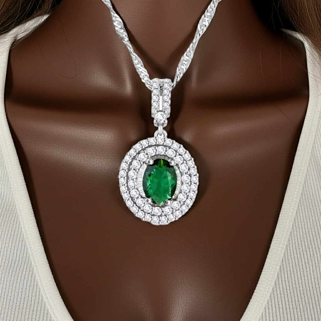 Enchanting Green Quartz & Simulated Diamond Double Halo Necklace