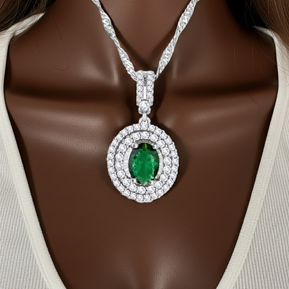 Enchanting Green Quartz & Simulated Diamond Double Halo Necklace