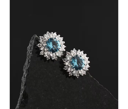 Radiant Blue Tourmaline & Simulated Diamond Halo Stud Earrings