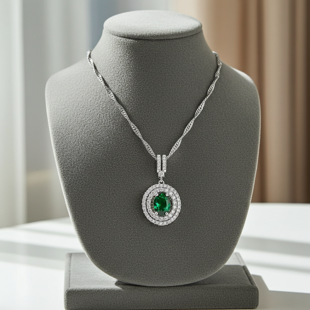 Enchanting Green Quartz & Simulated Diamond Double Halo Necklace
