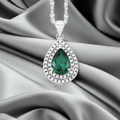 Enchanting Green Quartz & Simulated Diamond Double Halo Necklace