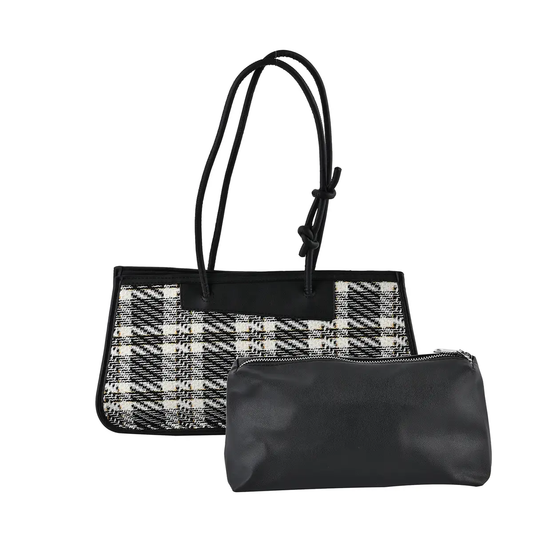 Plaid Pattern Faux Leather Tote & Cosmetic Bag